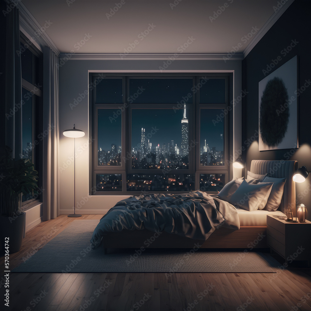 Interior of luxury penthouse bedroom at night. Peculiar AI generative image.