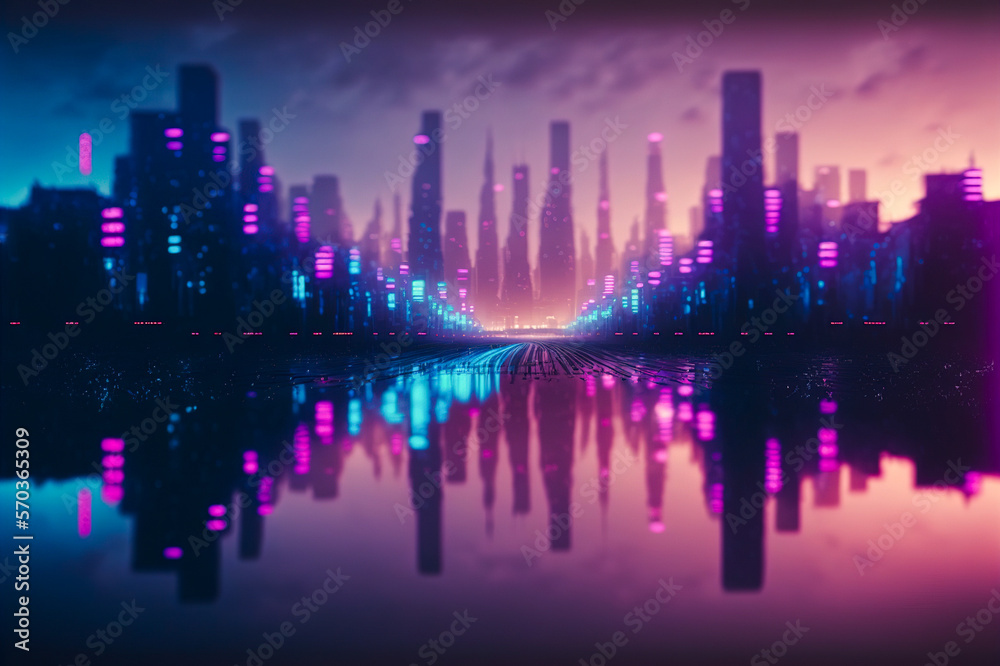 Futuristic city with neon light of pink and blue illuminated city street . Sublime Generative AI ima