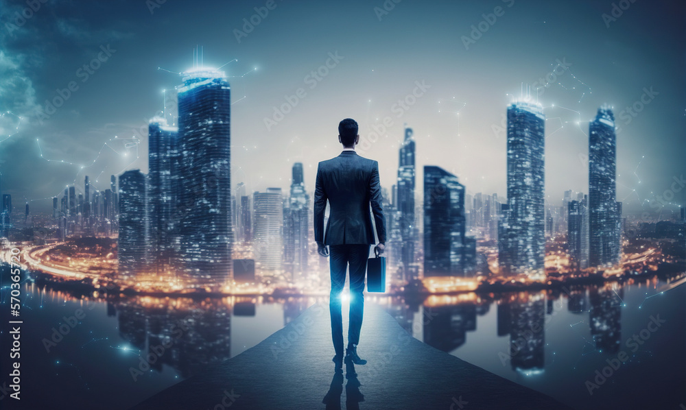 Businessman walking on virtual reality platform to futuristic smart city of opportunity with interne