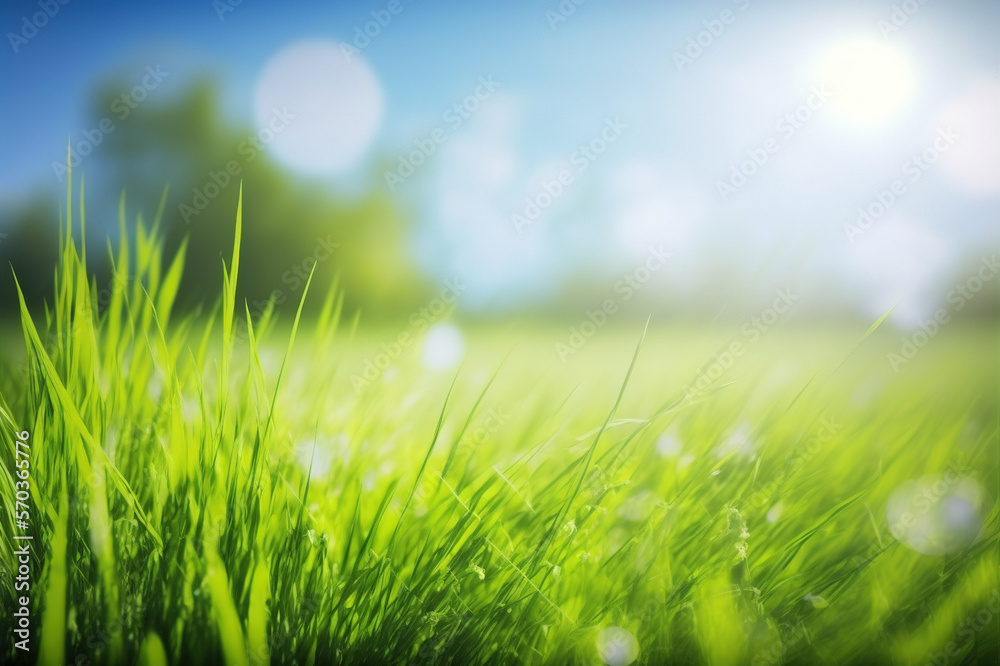 Green grass at close up low angle shot with blue sky in background . Green nature for spring and sum