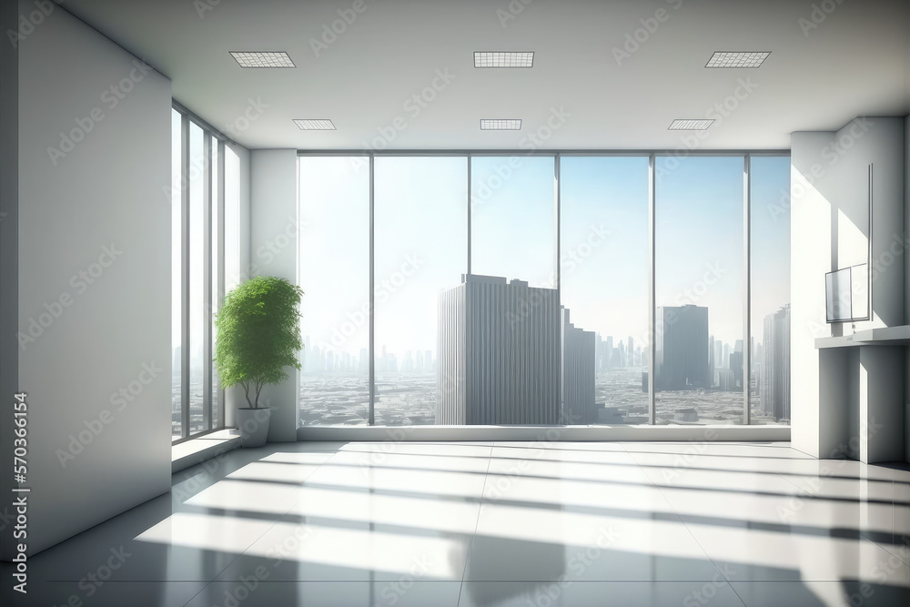 Empty modern office background in city center . Workspace interior design . Clean and bright office 