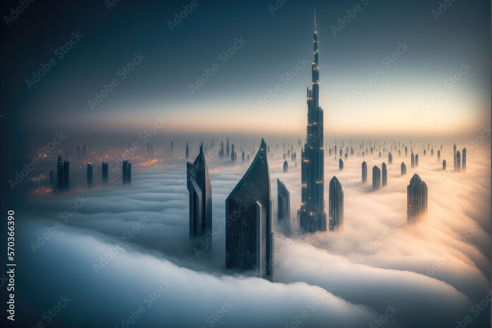 Top of skyscrapers building high above the clouds in the morning sunrise . Futuristic architecture o