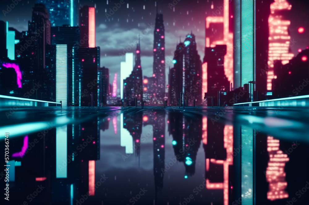 Futuristic city with neon light of pink and blue illuminated city street . Sublime Generative AI ima