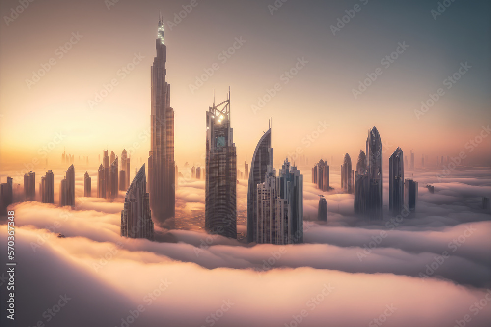 Top of skyscrapers building high above the clouds in the morning sunrise . Futuristic architecture o