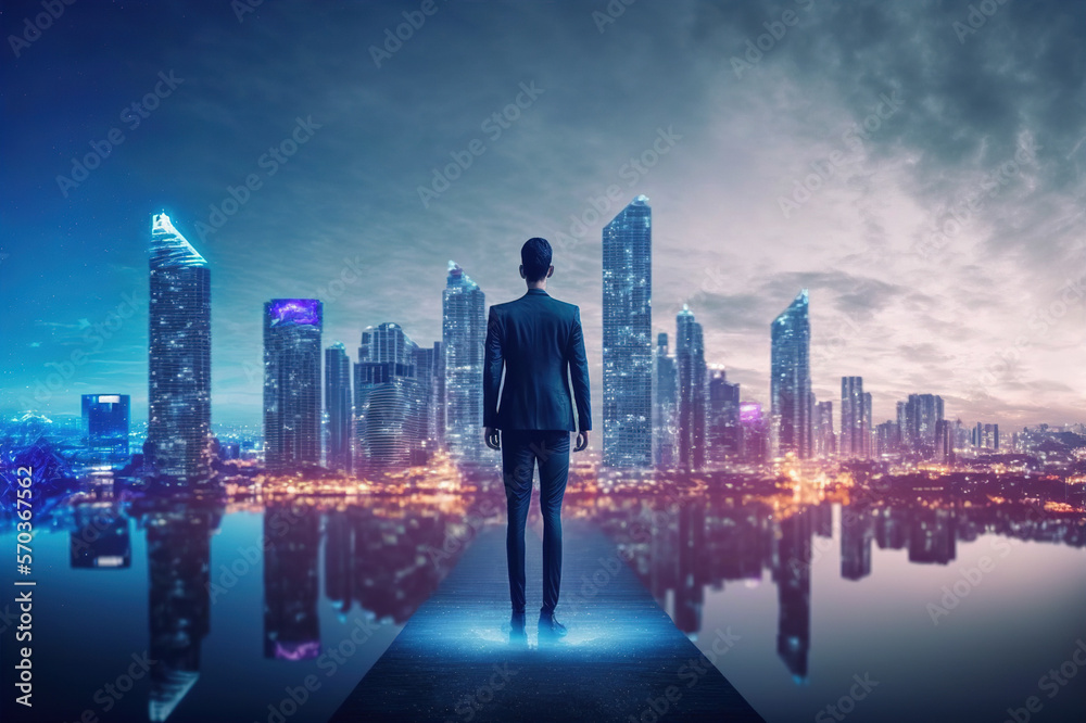 Businessman walking on virtual reality platform to futuristic smart city of opportunity with interne