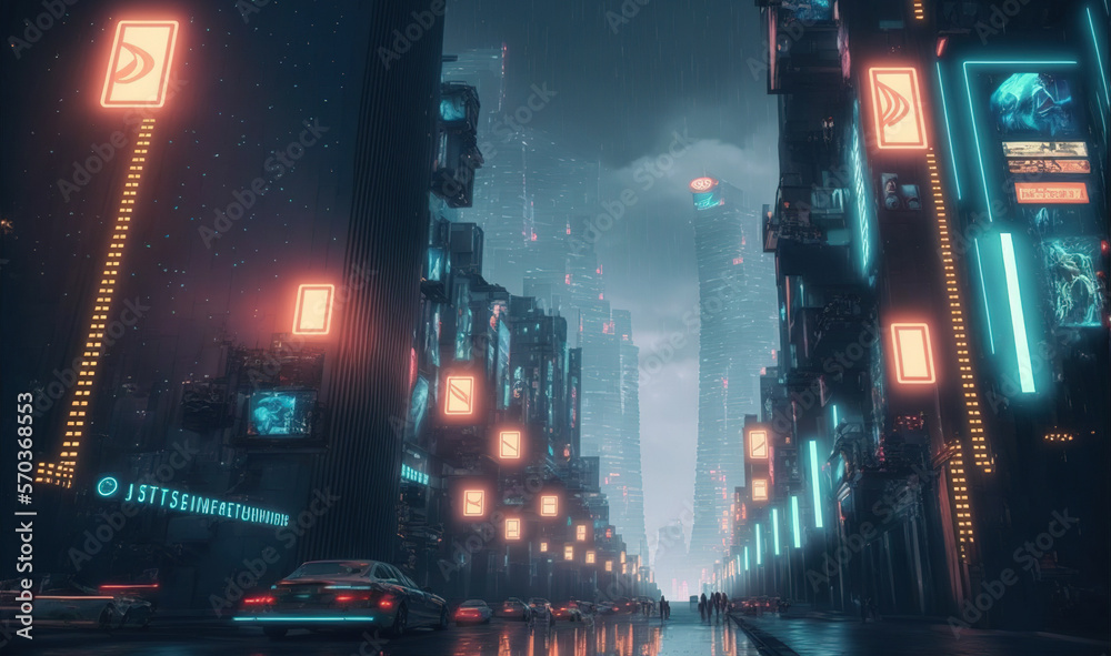 Futuristic city scene with neon light illuminated the dark fictional city street . Sublime Generativ