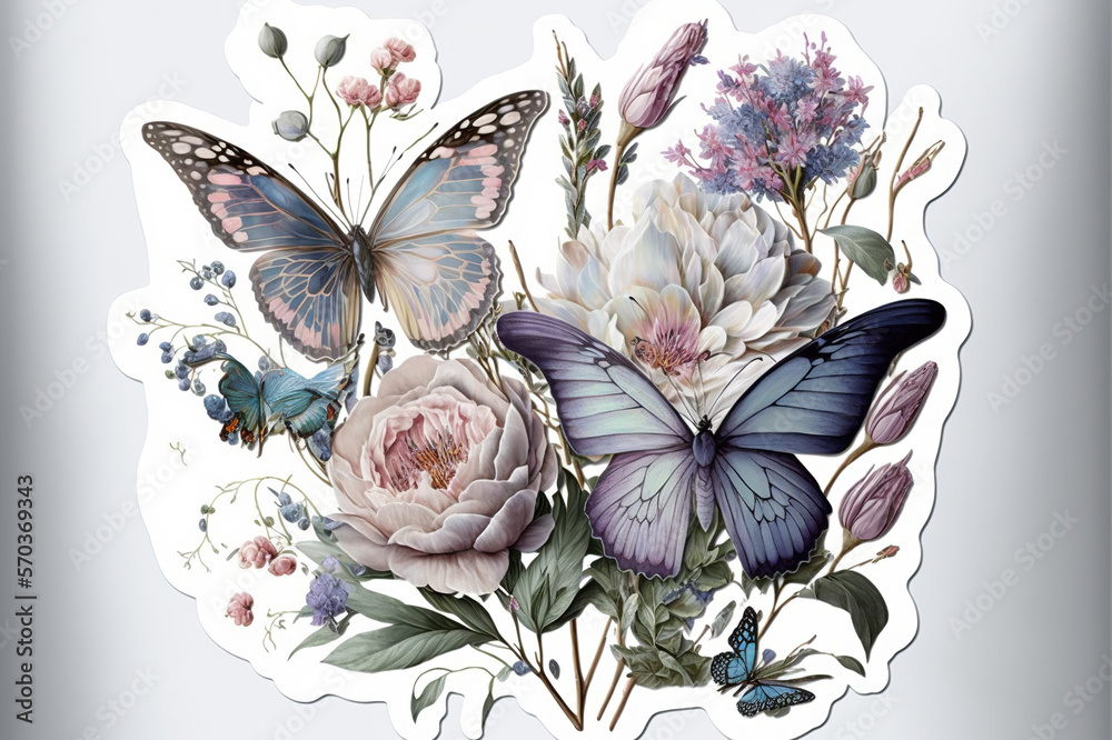 Butterflies art hand drawn painting style on white background . Sublime Generative AI image .