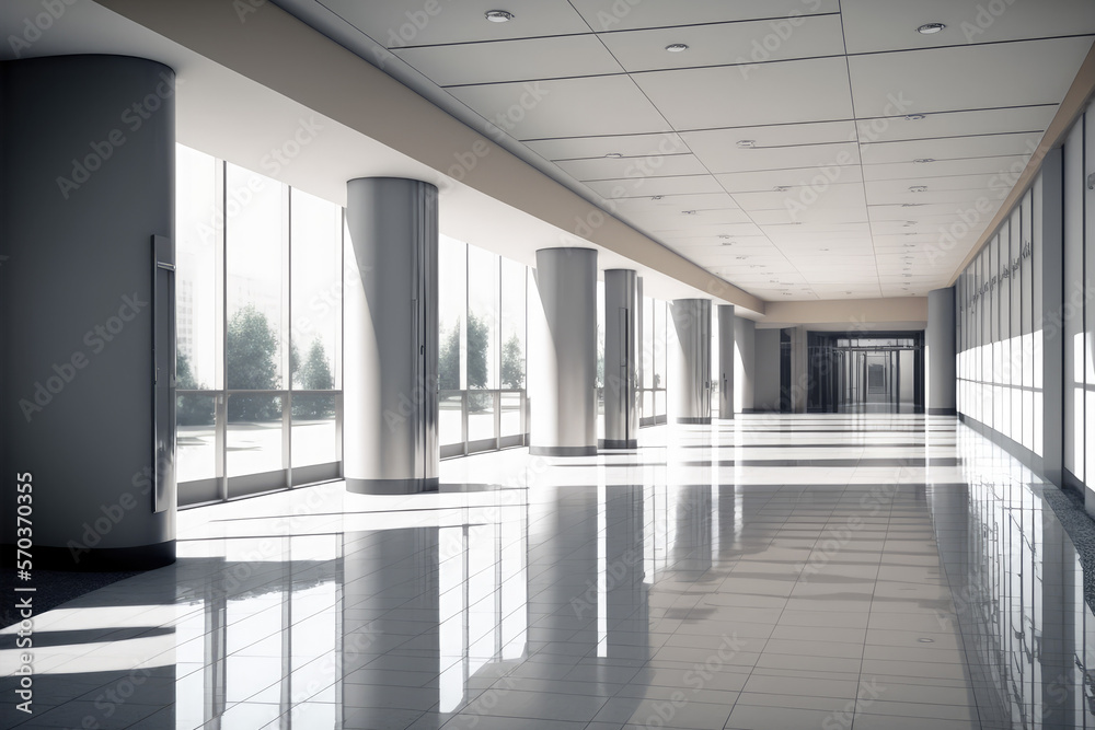 Empty entrance hall of modern public station or large convention center lobby . Contemporary beautif