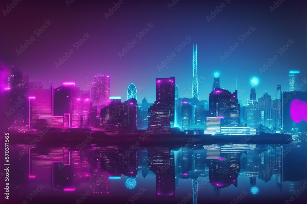 Futuristic city with neon light pink and blue illuminated skyline . Sublime Generative AI image .