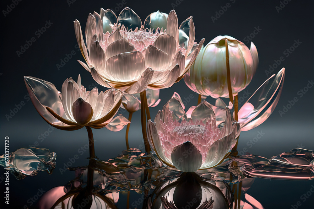 Dreamlike image of light glowing lotus flower or water lily with transparent pink illumination under