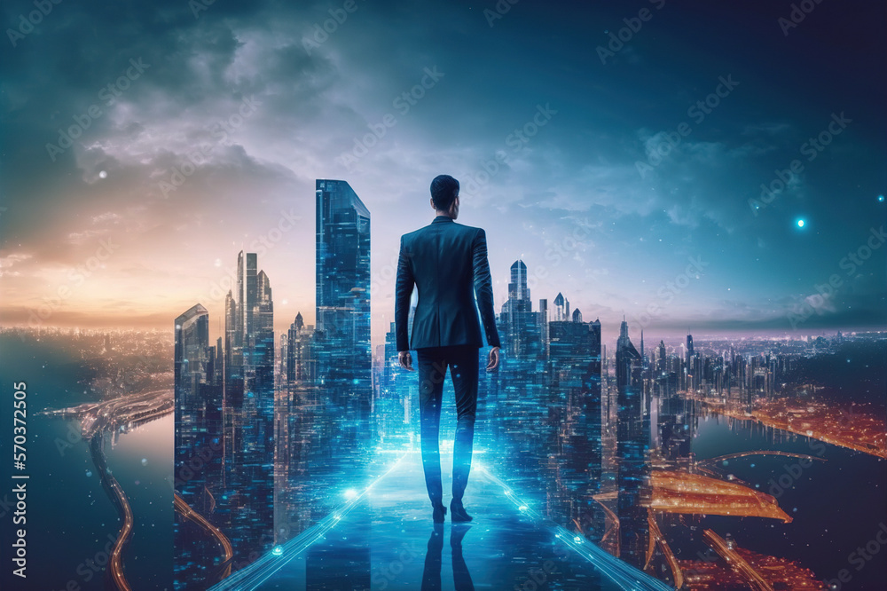 Businessman walking on virtual reality platform to futuristic smart city of opportunity with interne