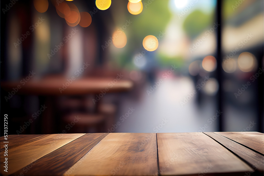 Empty wood table for product display in blur background of admirable restaurant at night