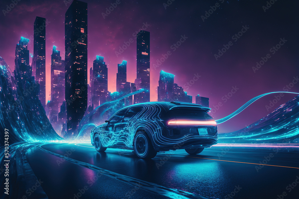 Racing sports car driving on urban city road with luxury digital technology . Sublime Generative AI 