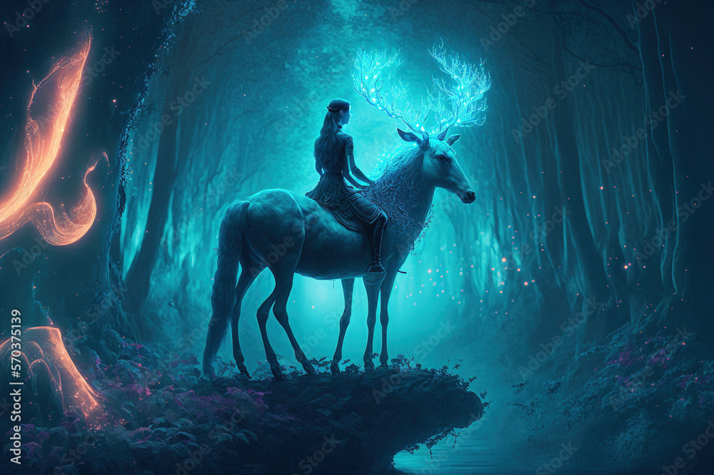 Night fantasy image of mystic woman riding deer in magical forest illumination . Sublime Generative 