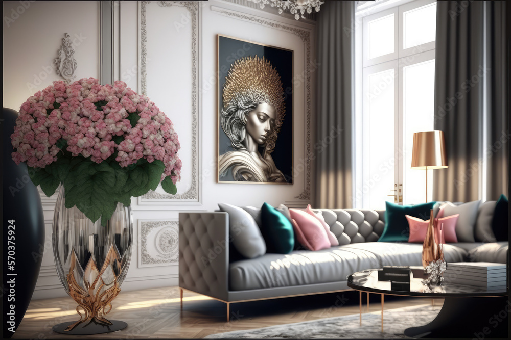 Luxury interior of home or hotel living room design with elegant retro stylish furniture decorated w