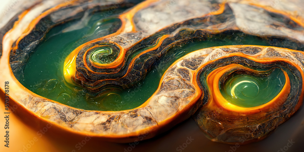 Sedate realistic marco detailed orange and teal alcohol ink ripples pattern in agate design. Closeup