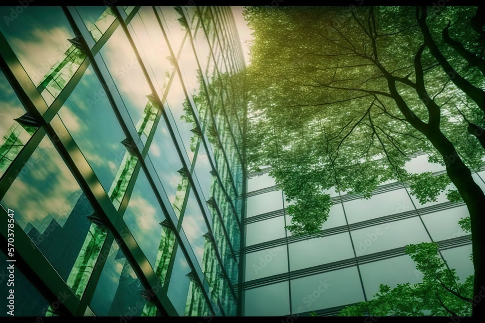 Environmental friendly and sustainable office building in the modern city . Sublime Generative AI im