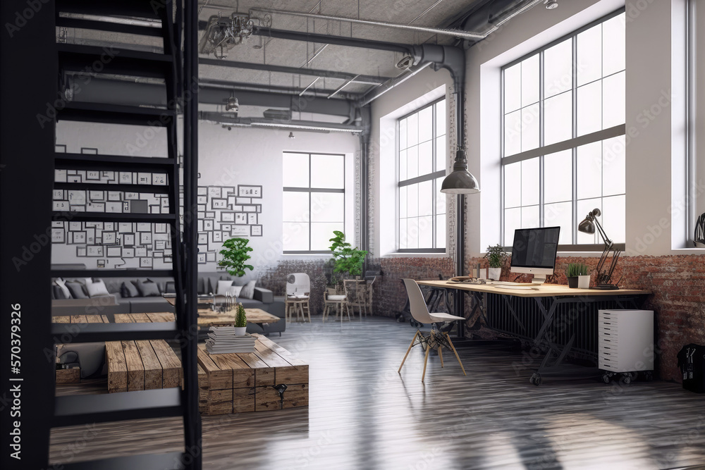 Luxury workspace office decorated with industrial loft modern interior design. Peculiar AI generativ