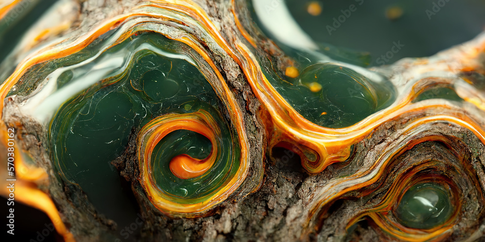 Sedate realistic marco detailed orange and teal alcohol ink ripples pattern in agate design. Closeup