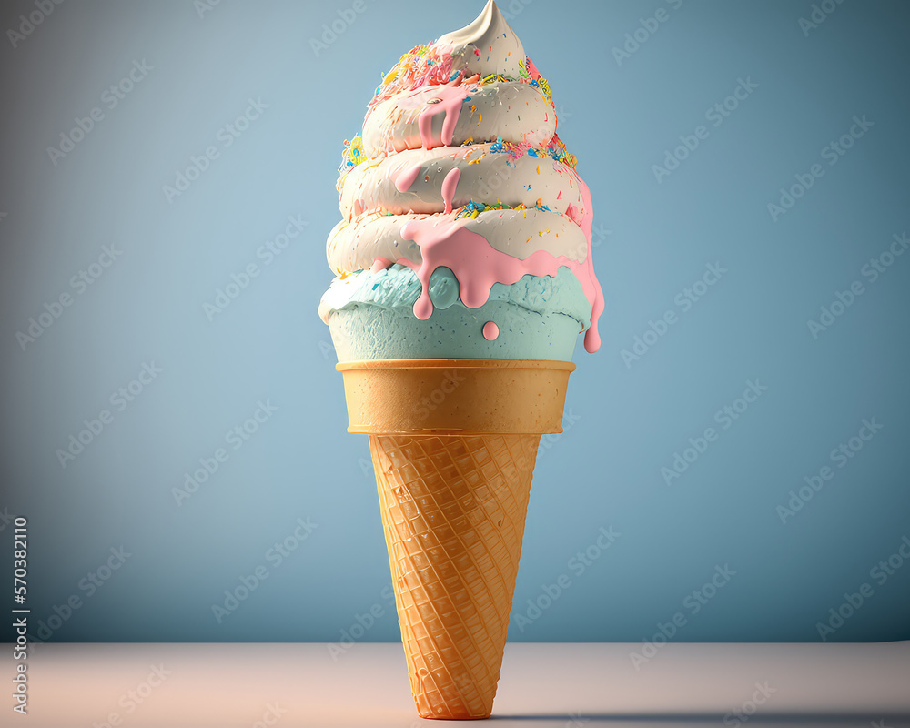 Pastel Ice Cream in Wafer Cone On Blue Background. Stylish Frozen Yogurt Cone. 3d rendering. (ai gen