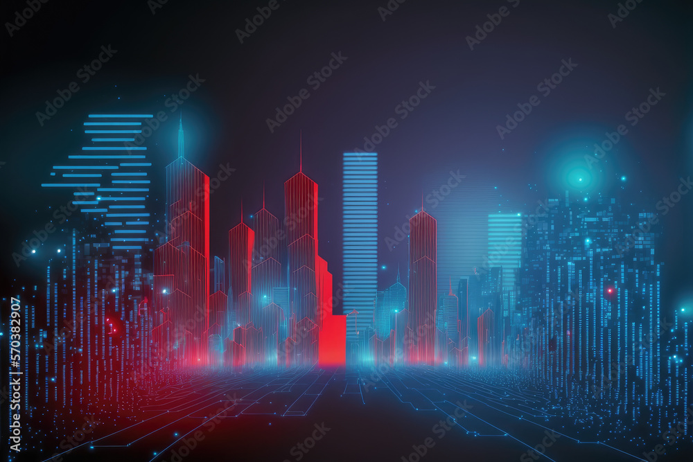 Futuristic smart city internet network connection through wireless system. Peculiar AI generative im