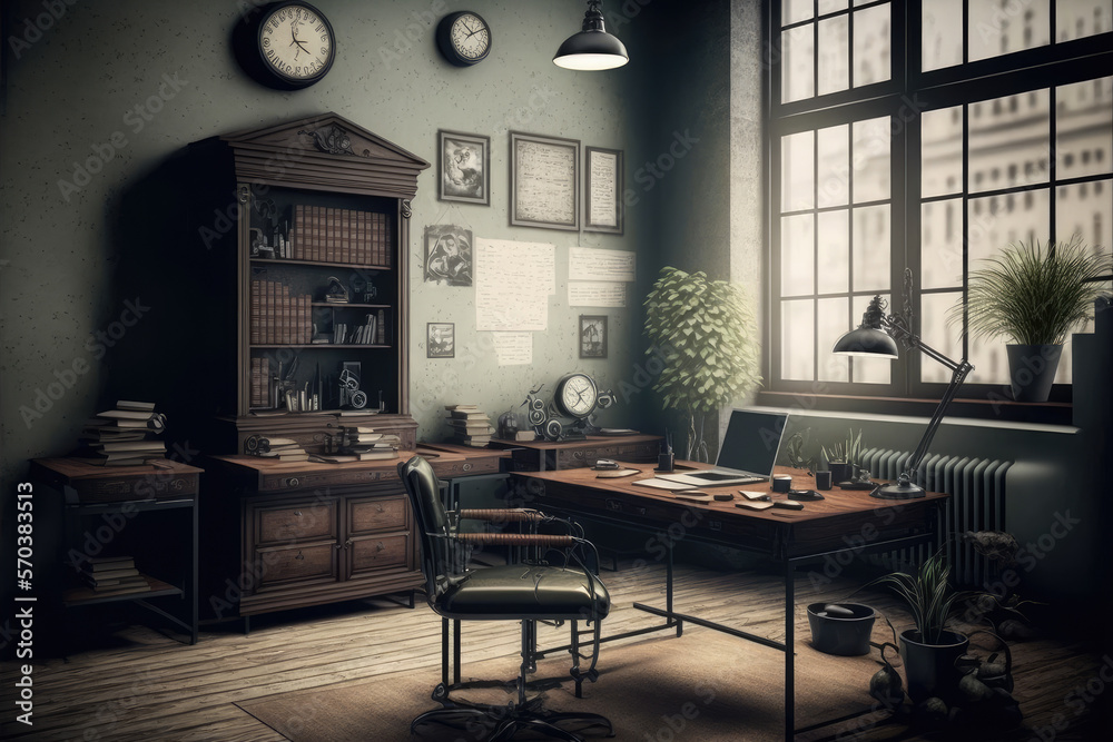 Antique home interior with working space and study desk in elegant room. Peculiar AI generative imag