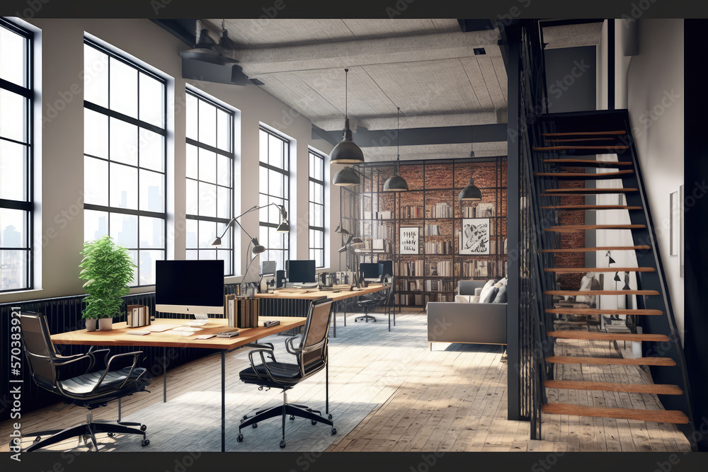 Luxury workspace office decorated with industrial loft modern interior design. Peculiar AI generativ