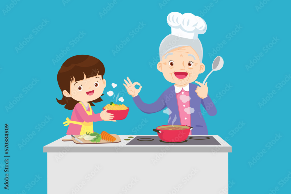 lovely grandmother and child girl cooking in kitchen okay gesture