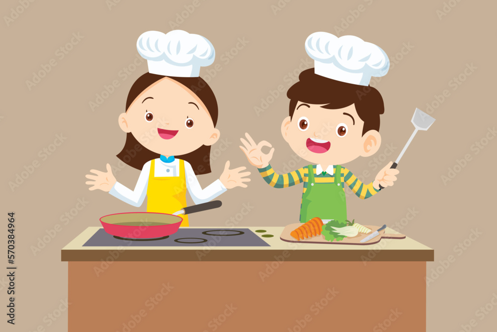 Cute Boy and Girl cooking in the kitchen. happy little chef kids