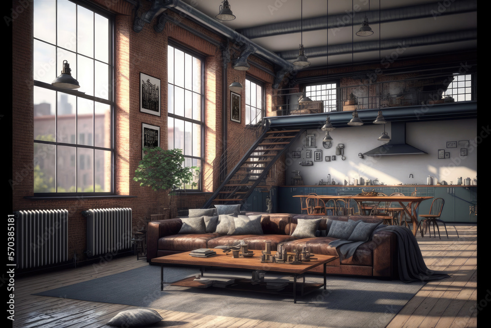 Luxury apartment decorated with industrial loft modern interior design. Peculiar AI generative image