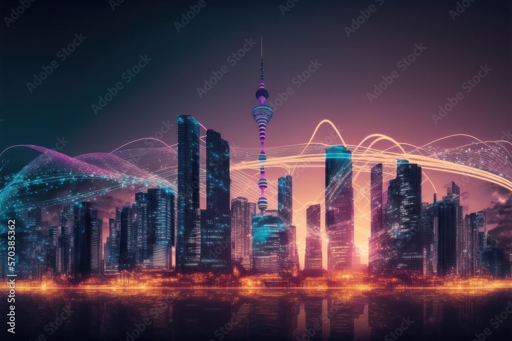 Smart city with communication network graphic connecting the city with wireless internet technology.