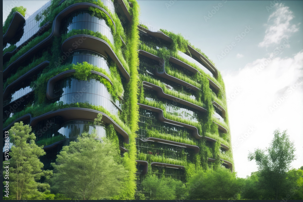 Eco friendly green building with vertical garden in modern city for sustainable clean environment. P