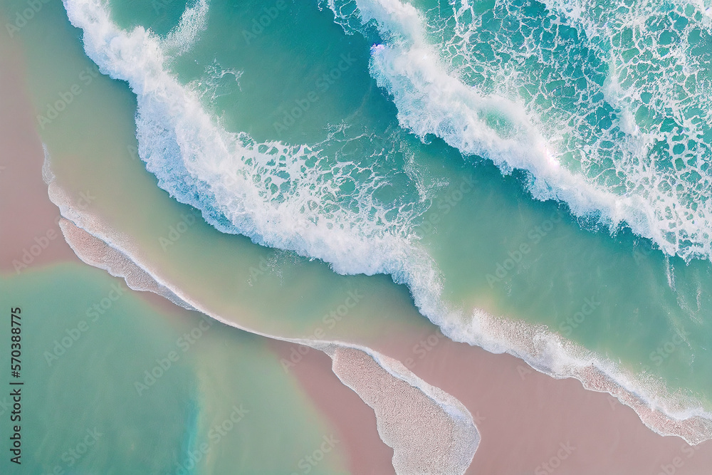 Spectacular top view from drone photo of beautiful pink beach with relaxing sunlight, sea water wave