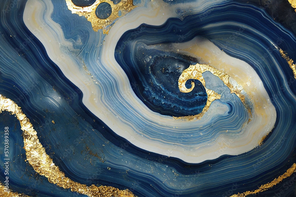 Abstract art background with a fluid marble blue and gold texture. Splendid generative AI luxury abs