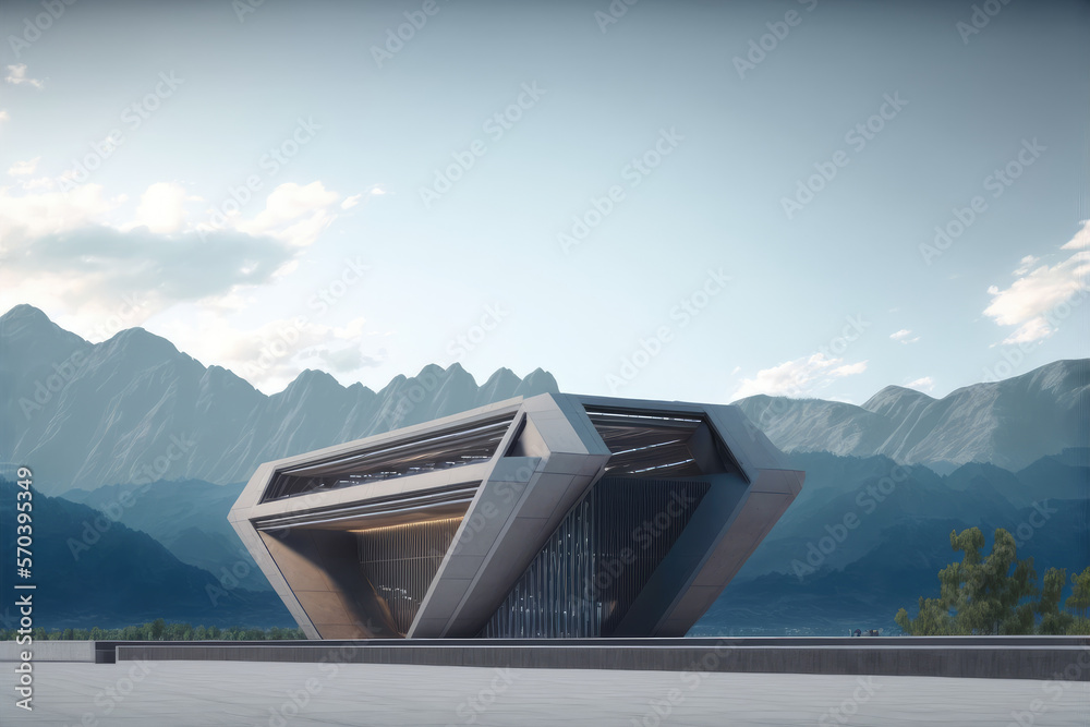 Futuristic architecture of modern hall entrance facade on high mountain top scenery with empty outdo