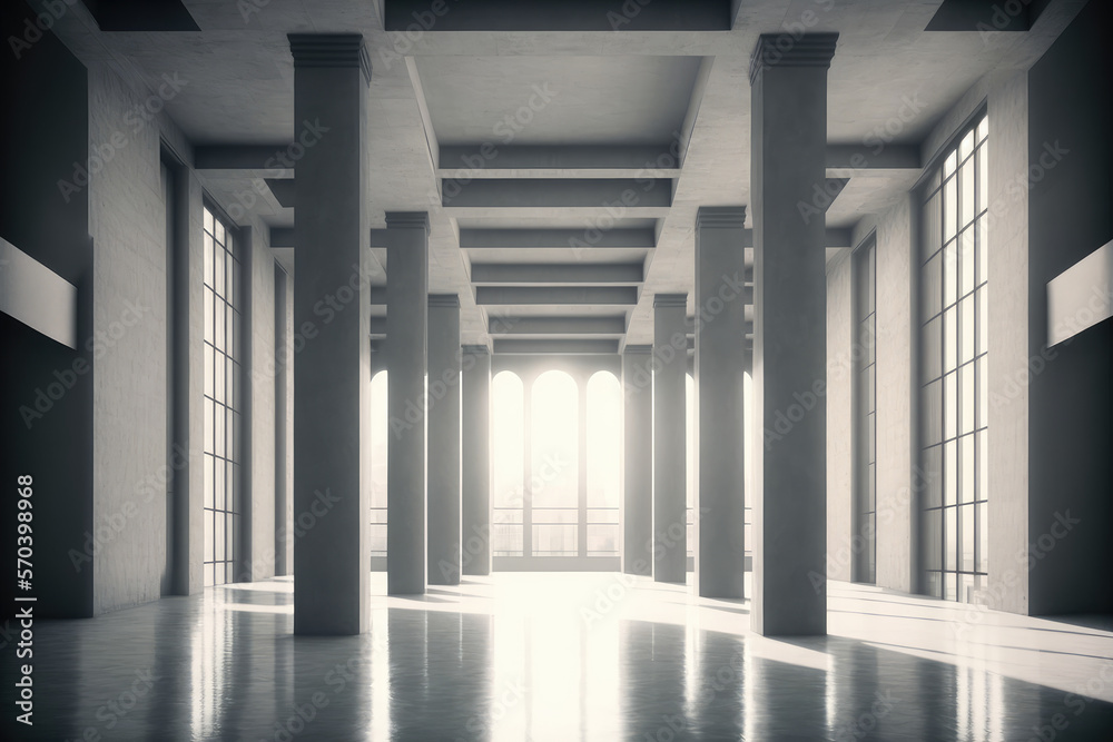 Large hall corridor inside office building background. Peculiar AI generative image.