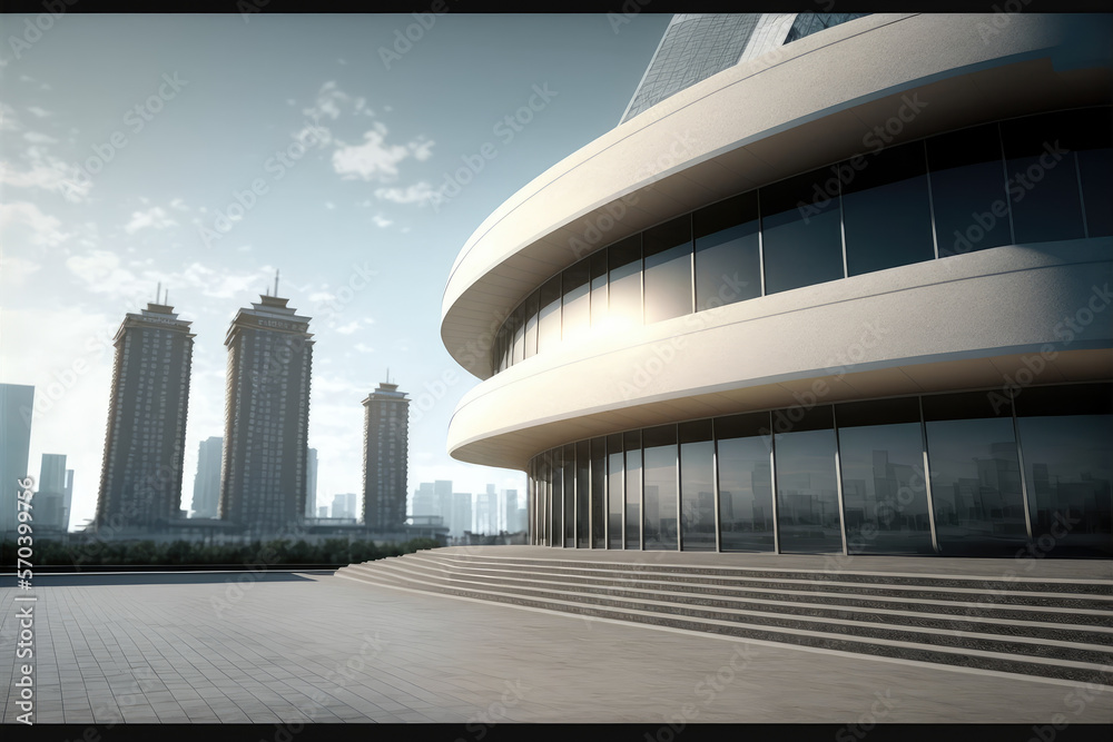 Modern architecture building design with empty concrete floor and urban city skyline in background s