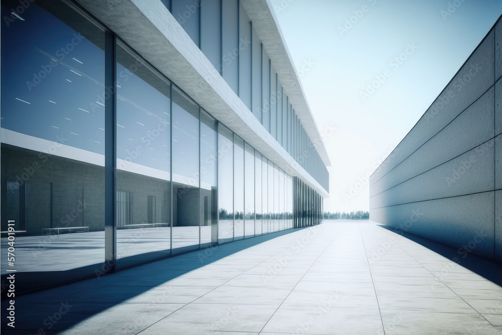 Modern architecture exterior of public hall entrance in urban building outdoor under bright sky with