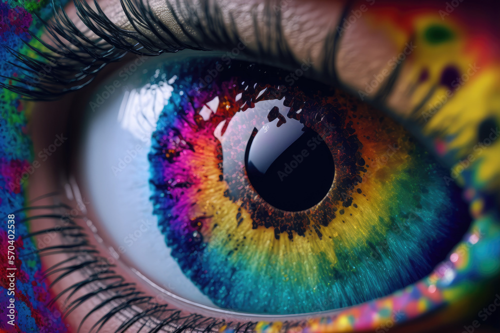 Close up view of female eye with multicolored eyeball and colorful makeup powder. Peculiar AI genera