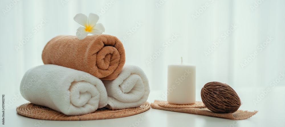 Spa accessory composition set in day spa hotel , beauty wellness center . Spa product are placed in 