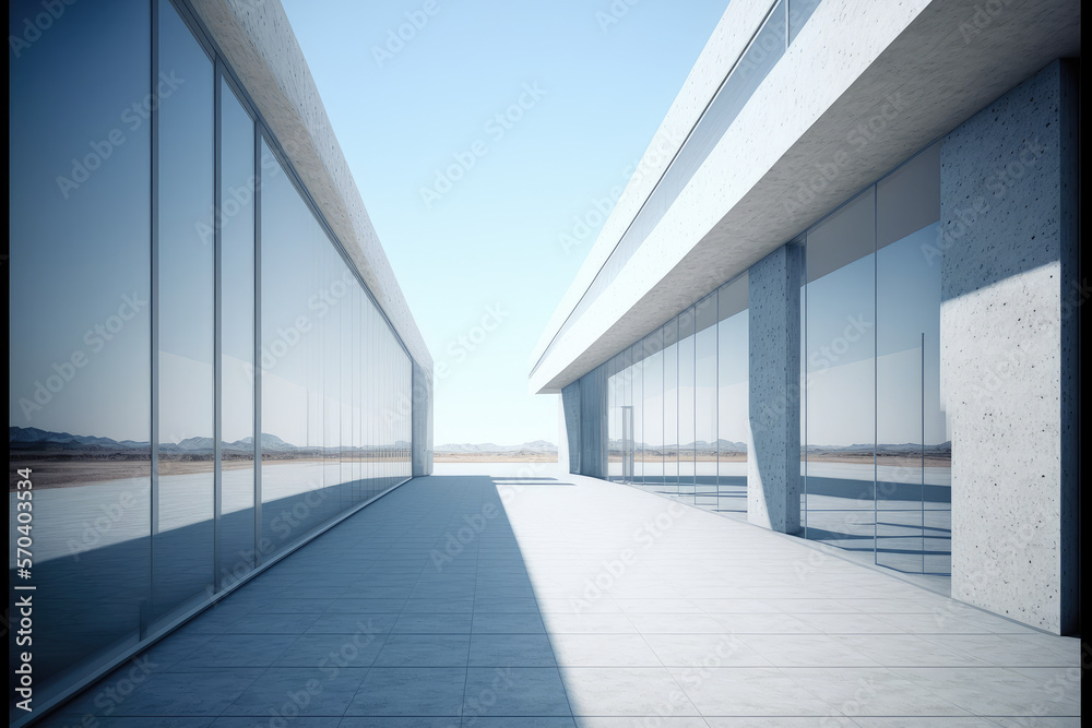 Modern architecture exterior of public hall entrance in urban building outdoor under bright sky with