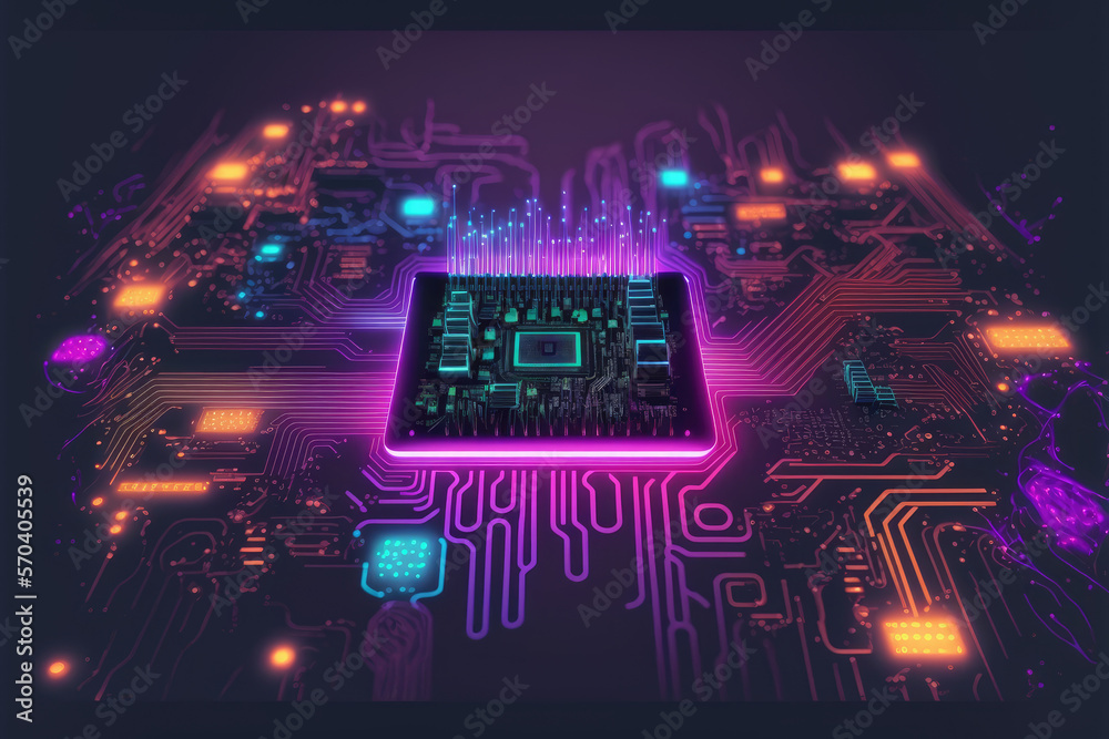 Computer microchip semiconductor on motherboard futuristic cyber neon lighting. Peculiar AI generati