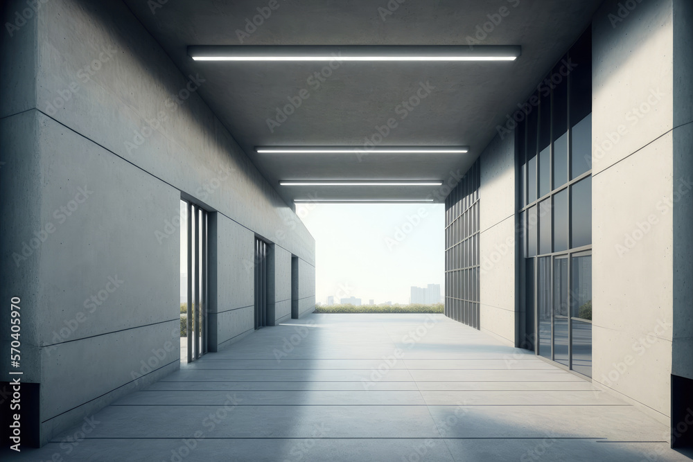 Modern architecture exterior of public hall entrance in urban building outdoor under bright sky with