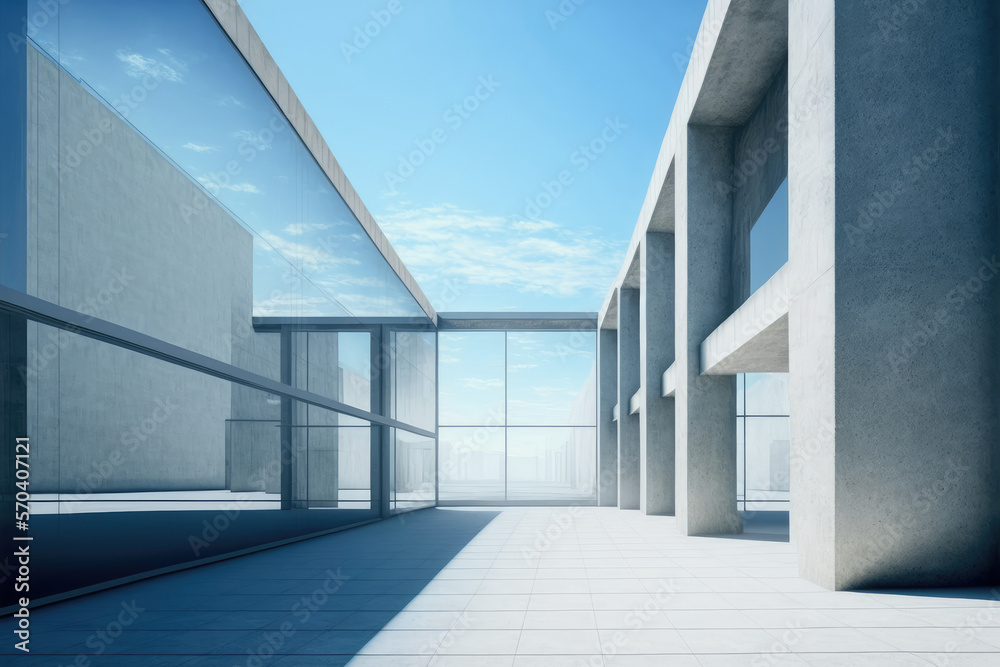 Modern architecture exterior of public hall entrance in urban building outdoor under bright sky with