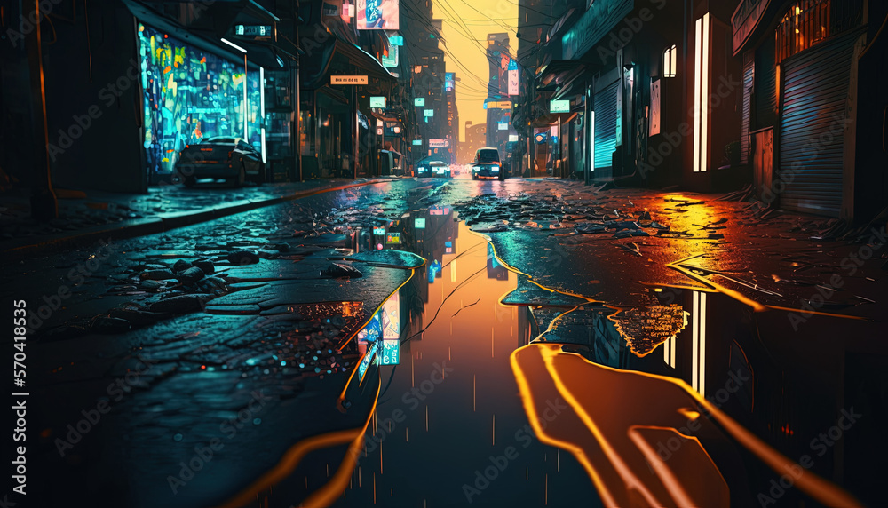 Generative AI, Night scene of after rain city in cyberpunk style, futuristic nostalgic 80s, 90s. Neo