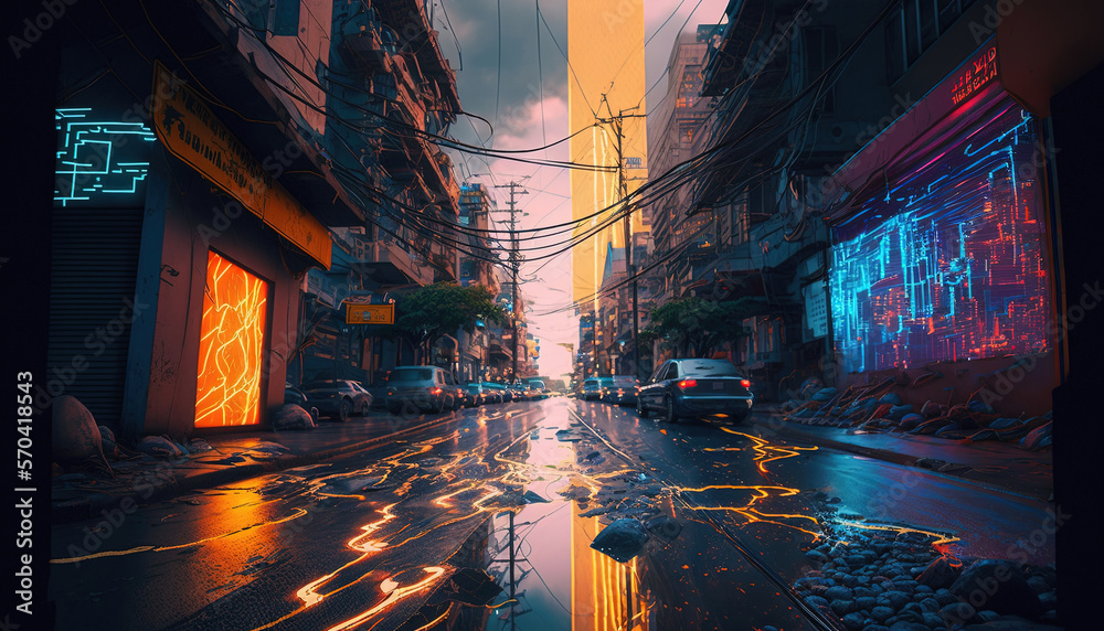 Generative AI, Night scene of after rain city in cyberpunk style, futuristic nostalgic 80s, 90s. Neo