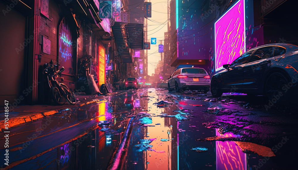 Generative AI, Night scene of after rain city in cyberpunk style, futuristic nostalgic 80s, 90s. Neo