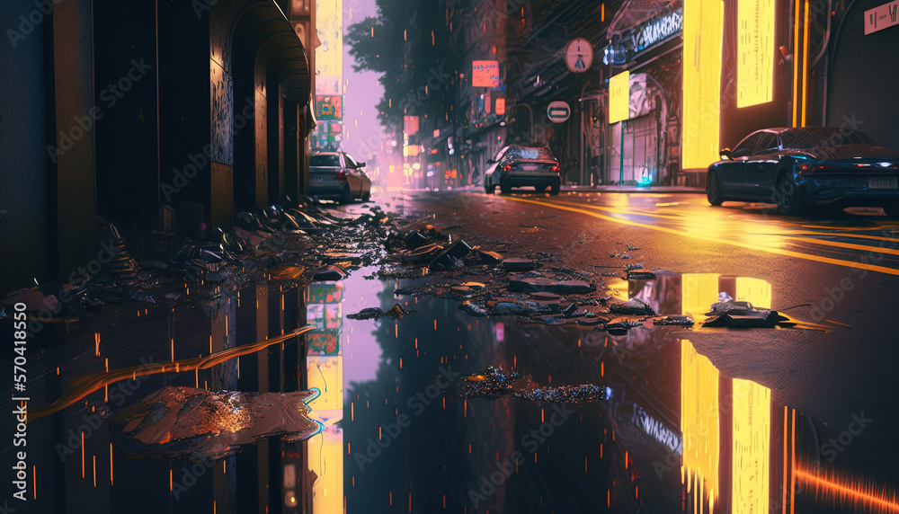 Generative AI, Night scene of after rain city in cyberpunk style, futuristic nostalgic 80s, 90s. Neo