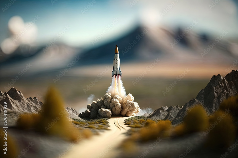 Generative AI, Rocket launch from the ground, mountains. Illustration concept of business product on