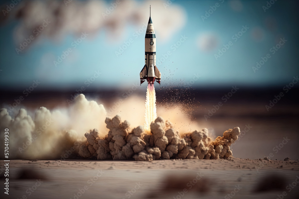 Generative AI, Rocket launch from the ground, mountains. Illustration concept of business product on